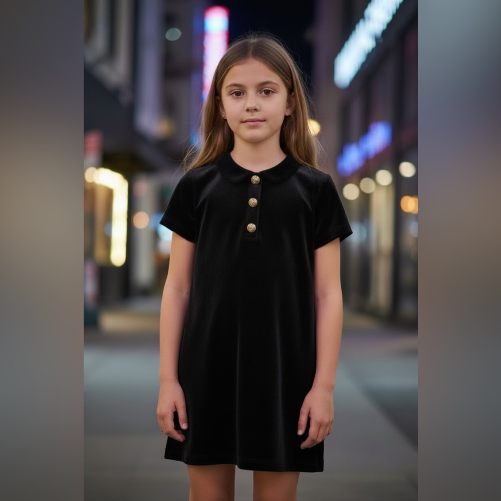 H&M Black Velvet Dress with Peter Pan Collar & Gold Buttons Girls Size 8